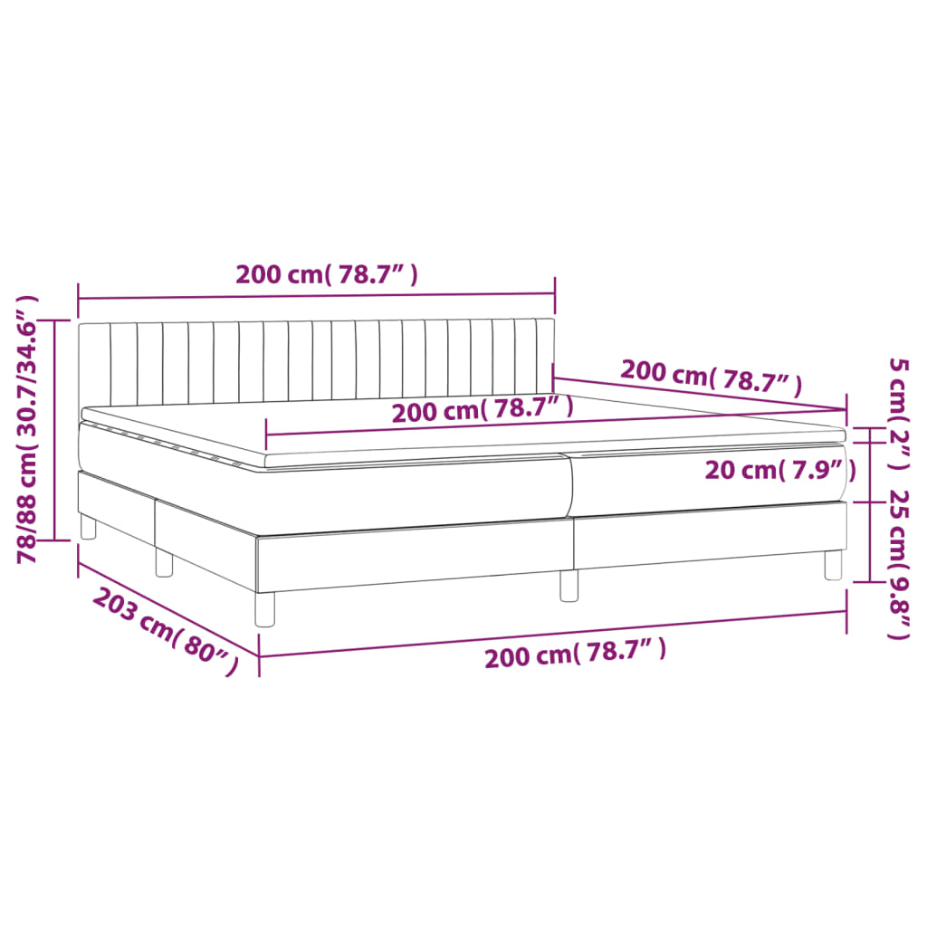 Krevet box spring s madracem LED svjetlosivi 200x200 cm tkanina