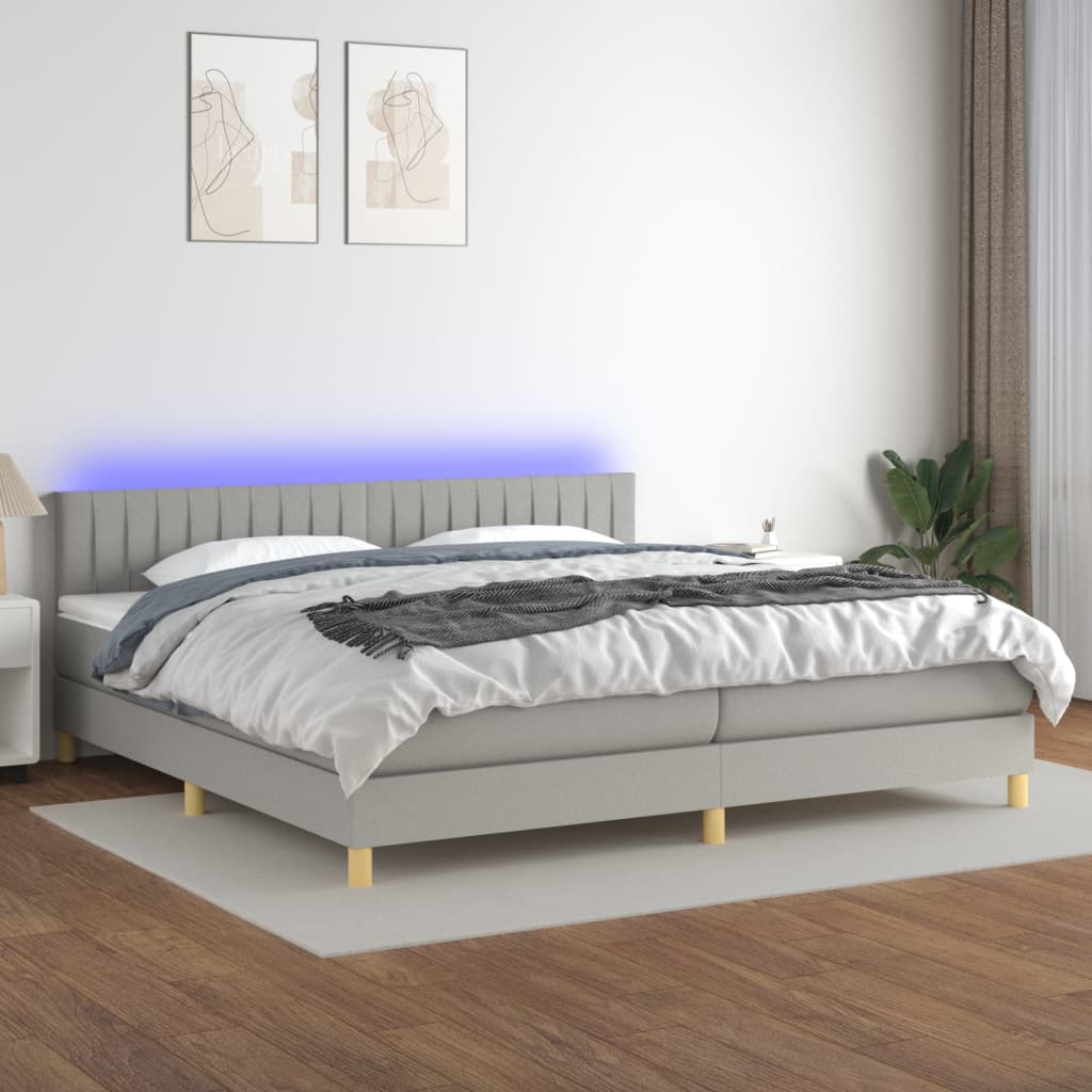 Krevet box spring s madracem LED svjetlosivi 200x200 cm tkanina