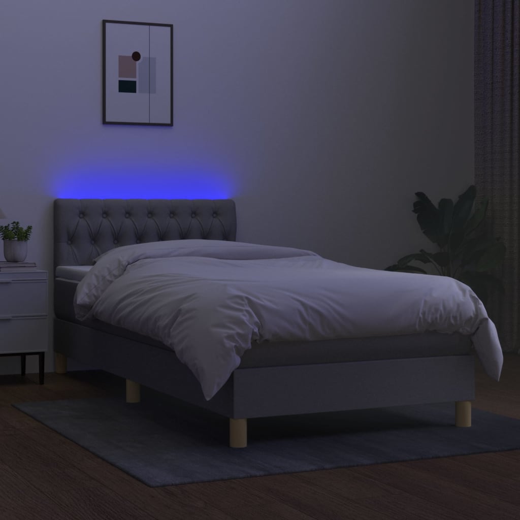 Krevet box spring s madracem LED svjetlosivi 100x200 cm tkanina