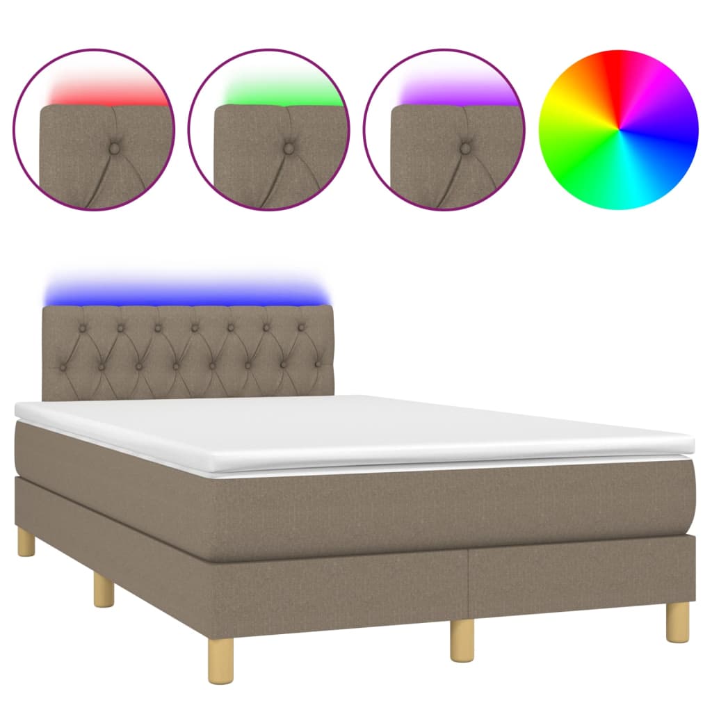 Krevet box spring s madracem LED smeđesivi 120 x 200 cm tkanina