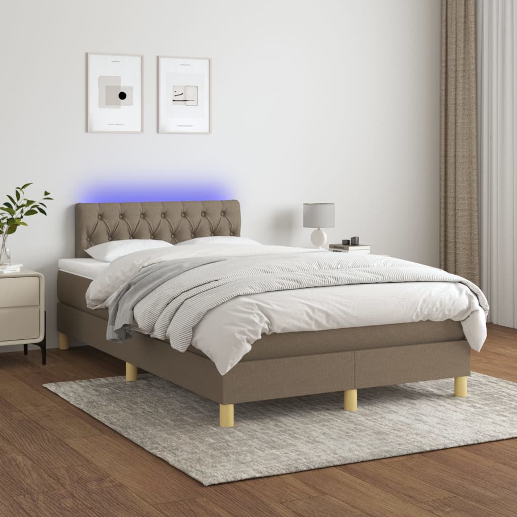 Krevet box spring s madracem LED smeđesivi 120 x 200 cm tkanina
