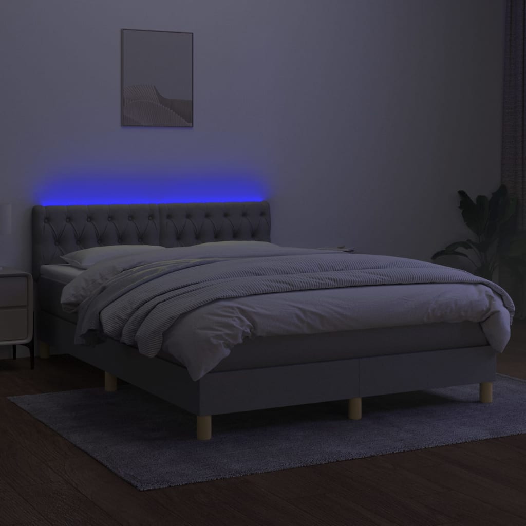 Krevet box spring s madracem LED svjetlosivi 140x190 cm tkanina
