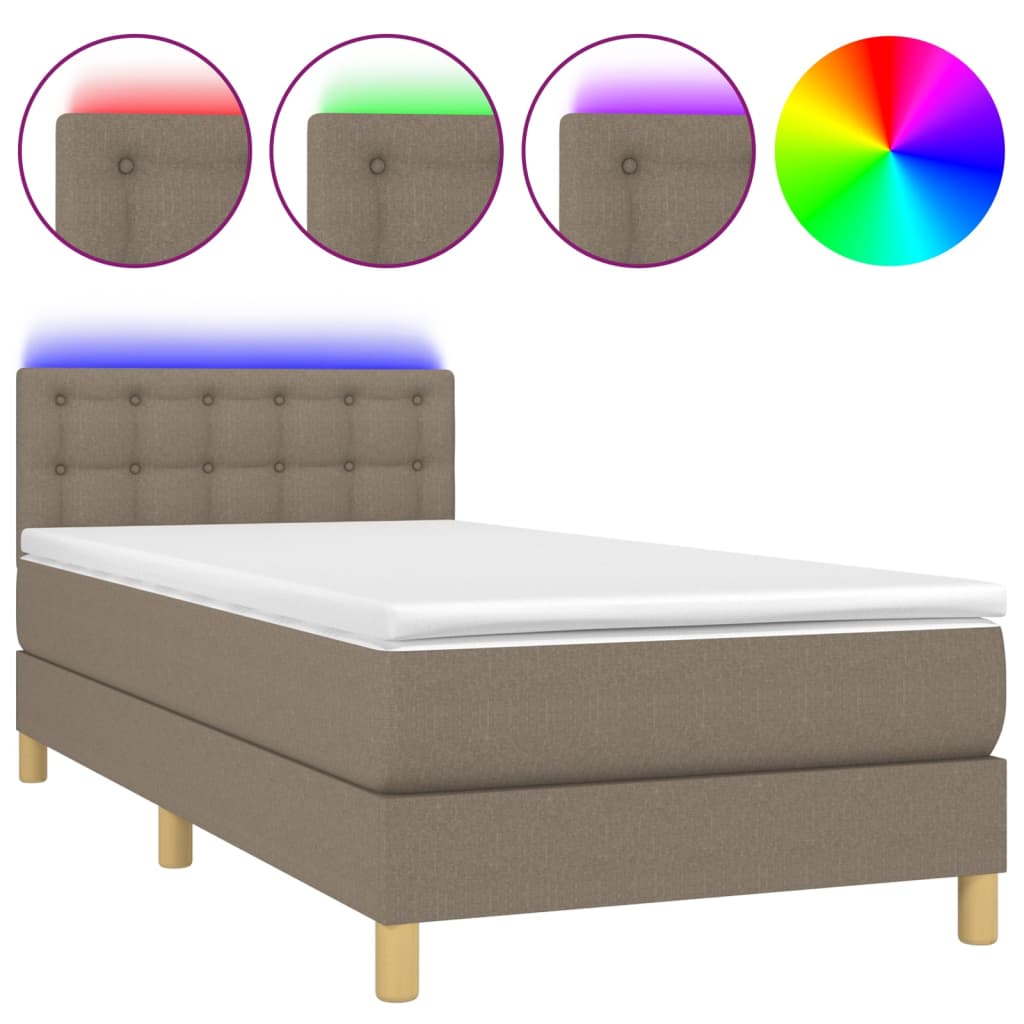 Krevet box spring s madracem LED smeđesivi 100x200 cm tkanina