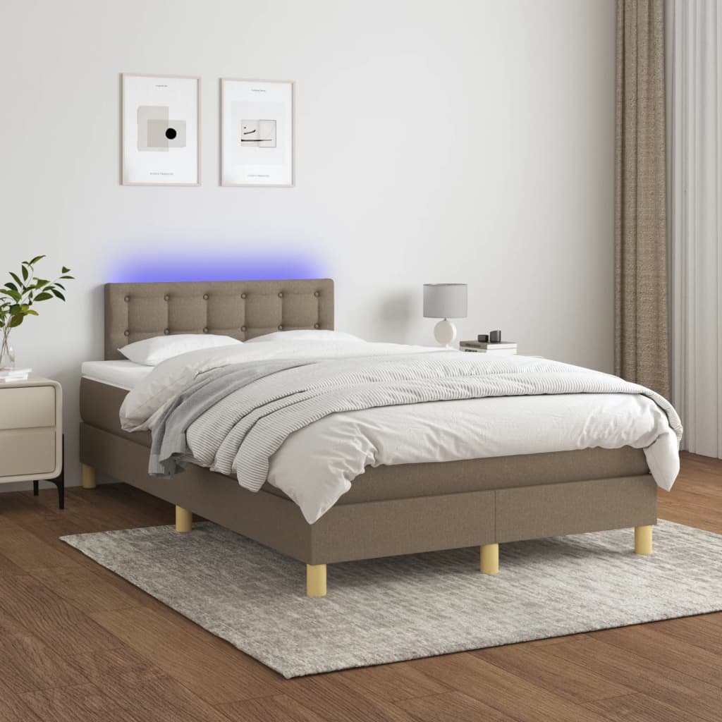 Krevet box spring s madracem LED smeđesivi 120 x 200 cm tkanina