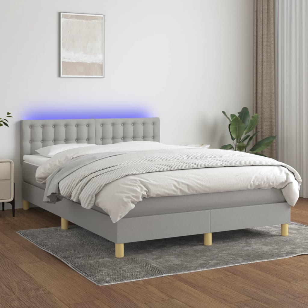 Krevet box spring s madracem LED svjetlosivi 140x200 cm tkanina
