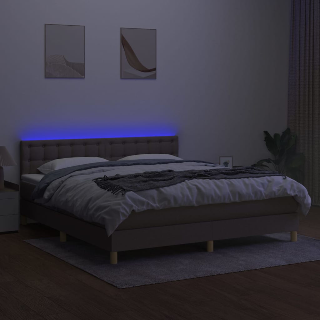 Krevet box spring s madracem LED smeđesivi 160x200 cm tkanina