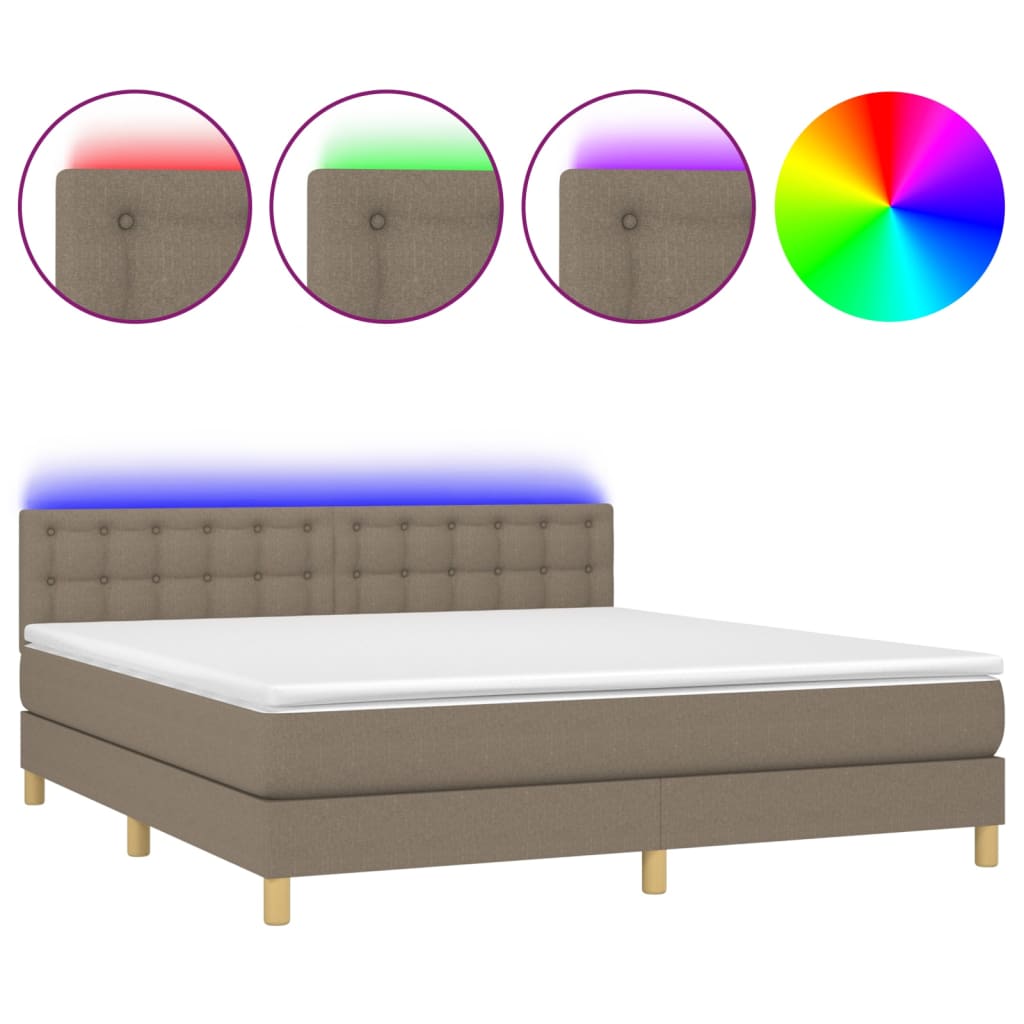 Krevet box spring s madracem LED smeđesivi 180x200 cm tkanina
