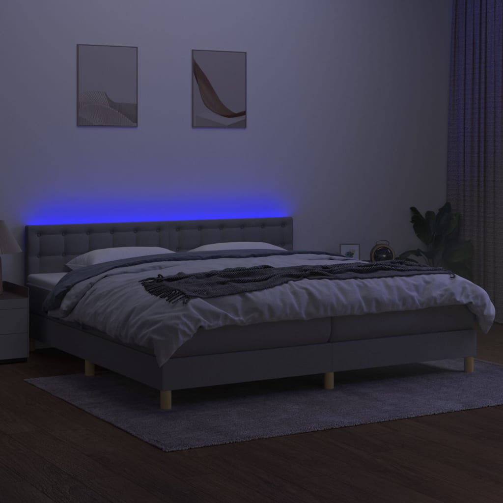Krevet box spring s madracem LED svjetlosivi 200x200 cm tkanina