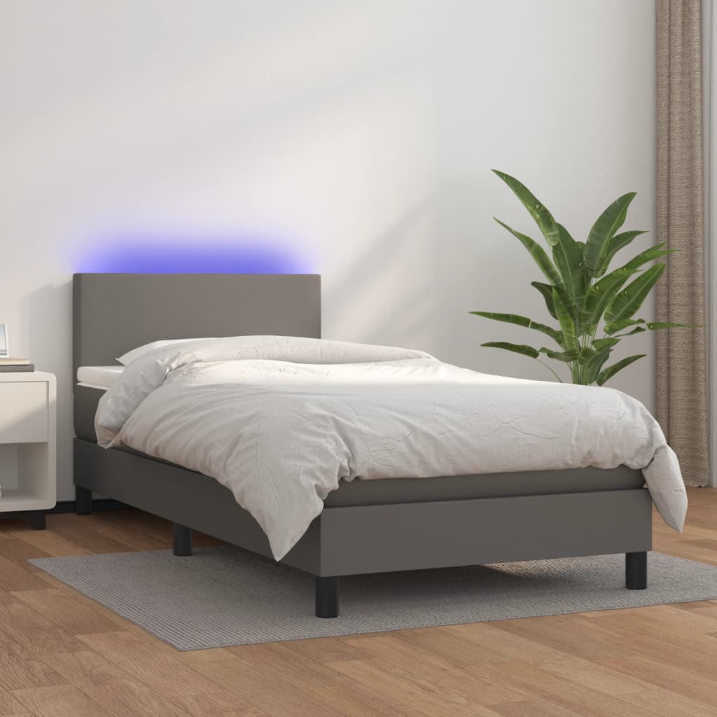Krevet box spring s madracem LED sivi 80x200 cm od umjetne kože