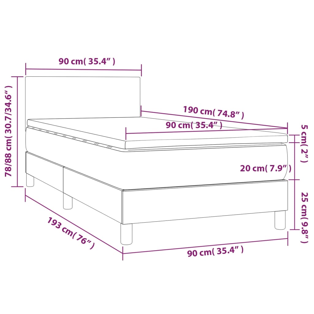 Krevet box spring madrac LED cappuccino 90x190cm umjetna koža