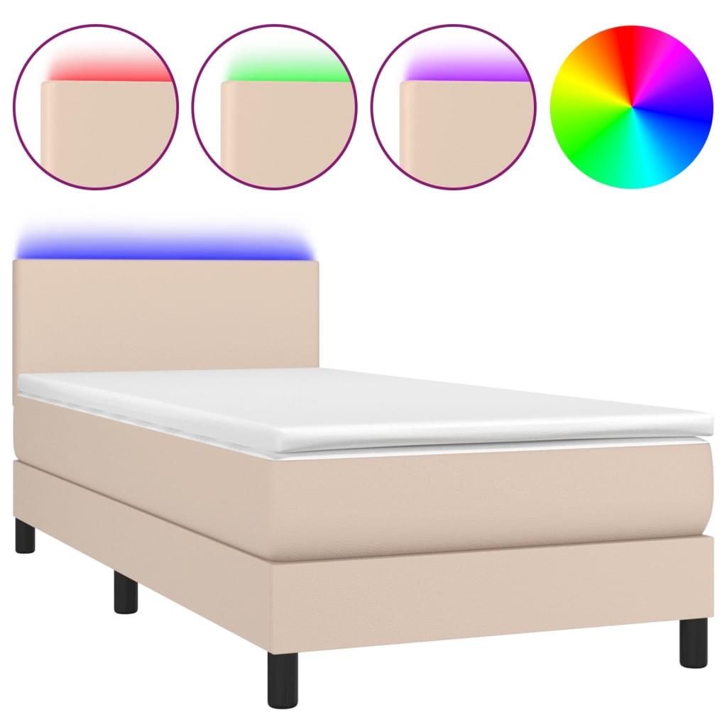 Krevet box spring madrac LED cappuccino 90x200cm umjetna koža