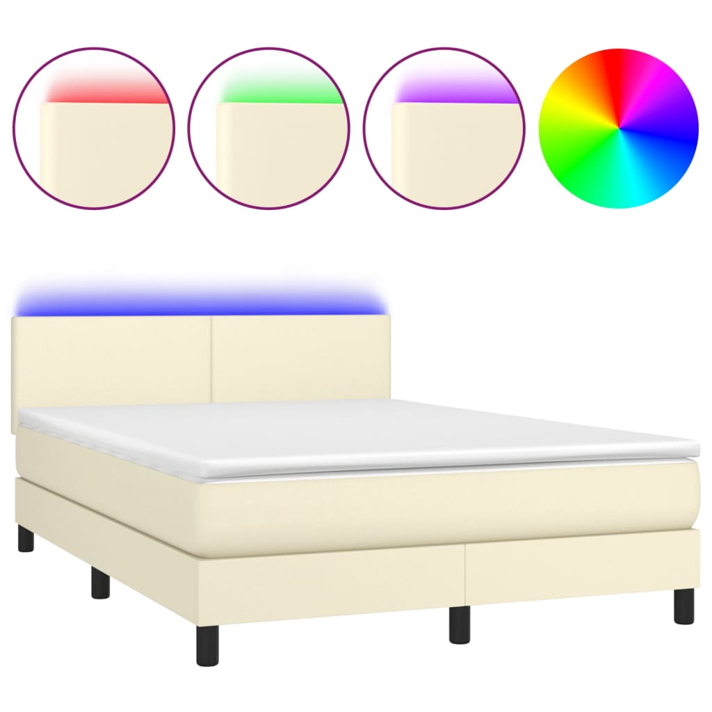 Krevet box spring s madracem LED krem 140x190cm od umjetne kože