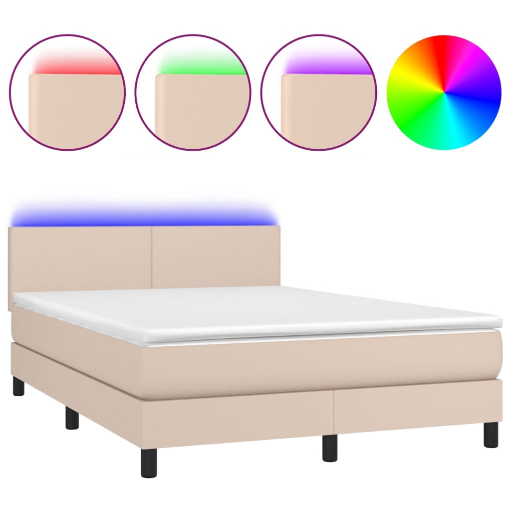 Krevet box spring madrac LED cappuccino 140x190cm umjetna koža