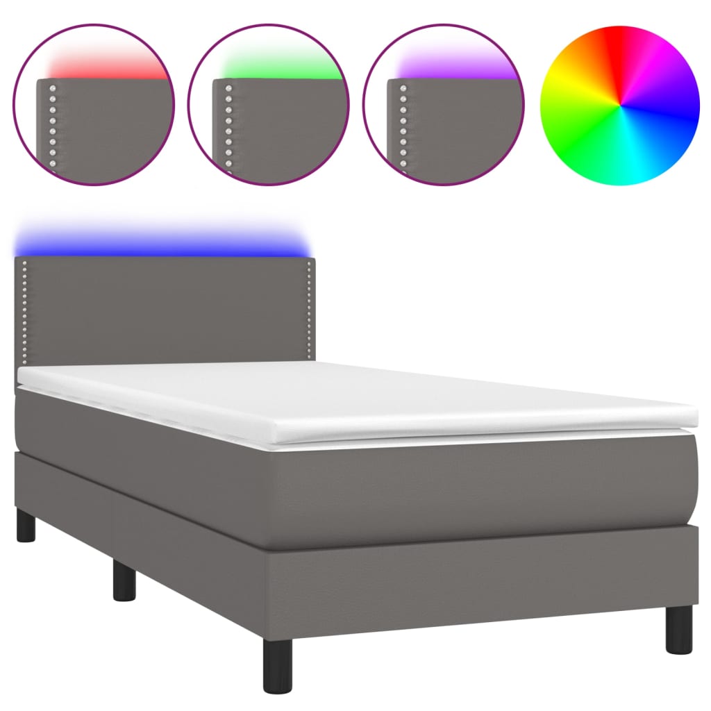 Krevet box spring s madracem LED sivi 100x200cm od umjetne kože