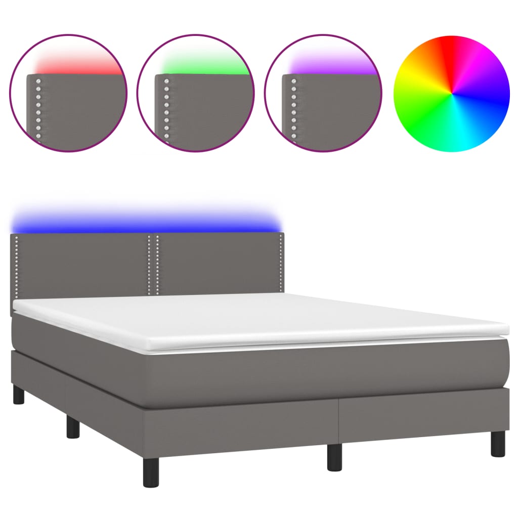 Krevet box spring s madracem LED sivi 140x200cm od umjetne kože