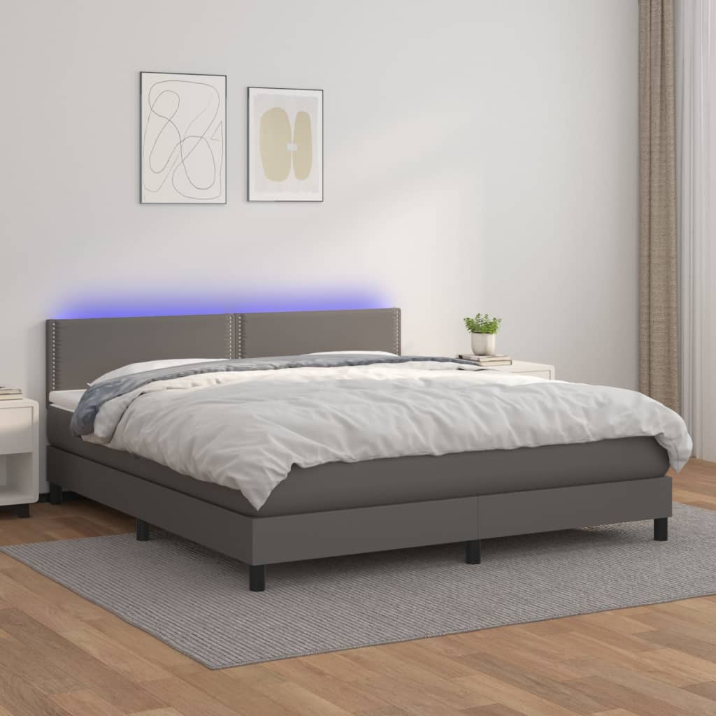 Krevet box spring s madracem LED sivi 180x200cm od umjetne kože