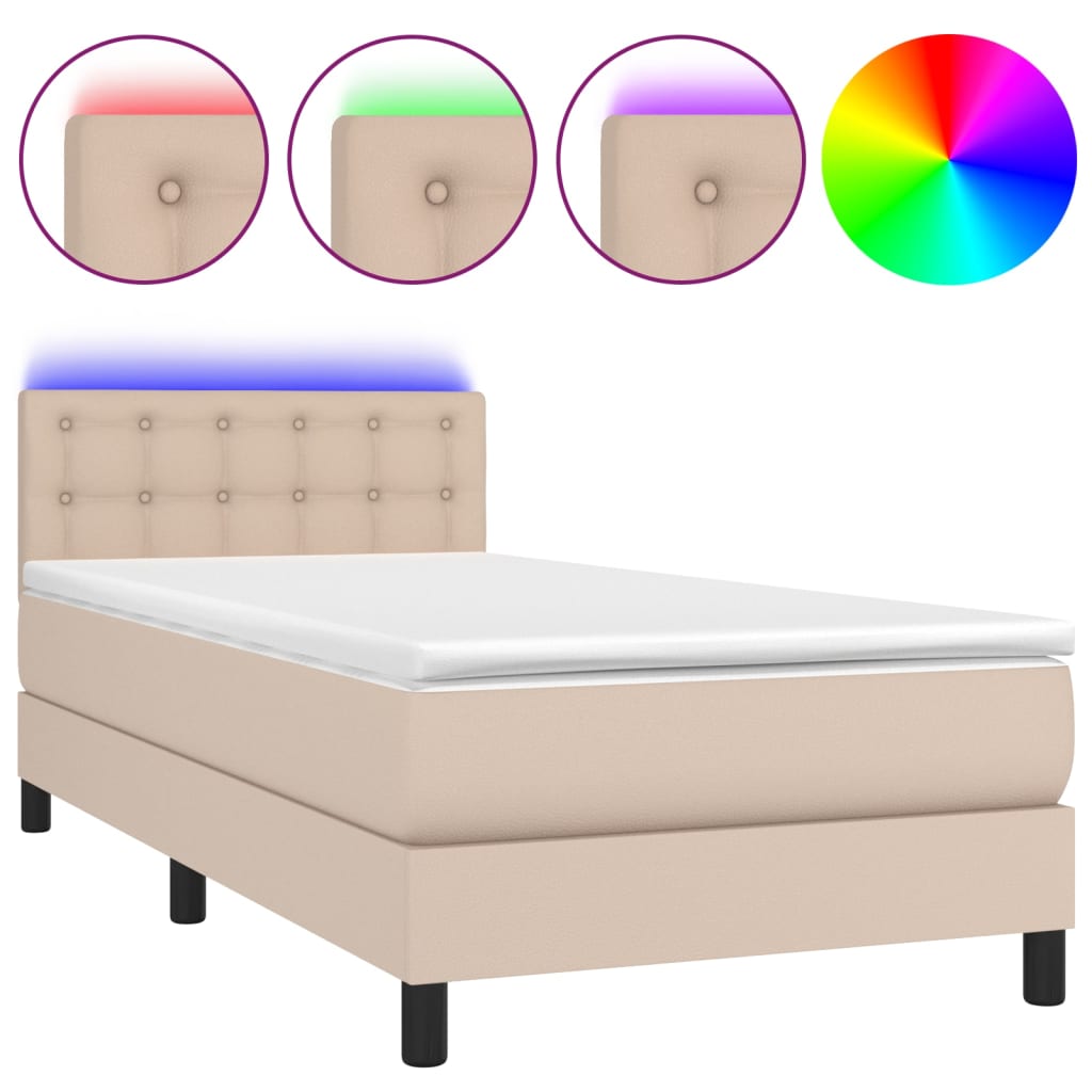 Krevet box spring i madrac LED cappuccino 80x200cm umjetna koža
