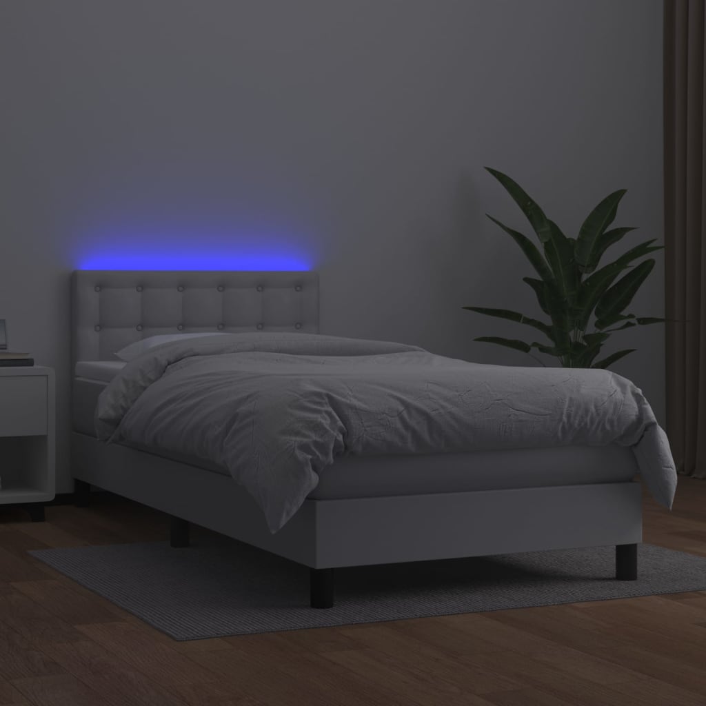 Krevet box spring s madracem LED bijeli 100x200 cm umjetna koža