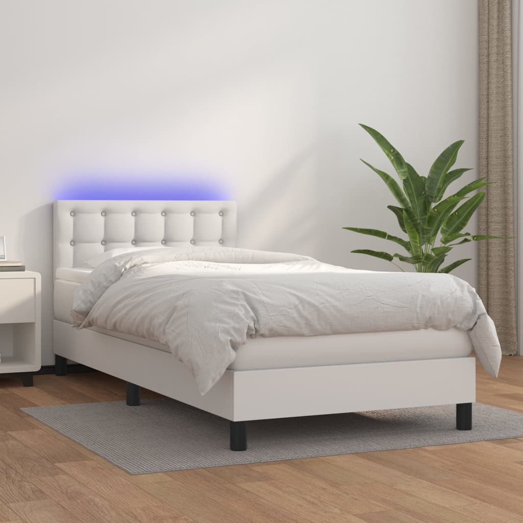 Krevet box spring s madracem LED bijeli 100x200 cm umjetna koža