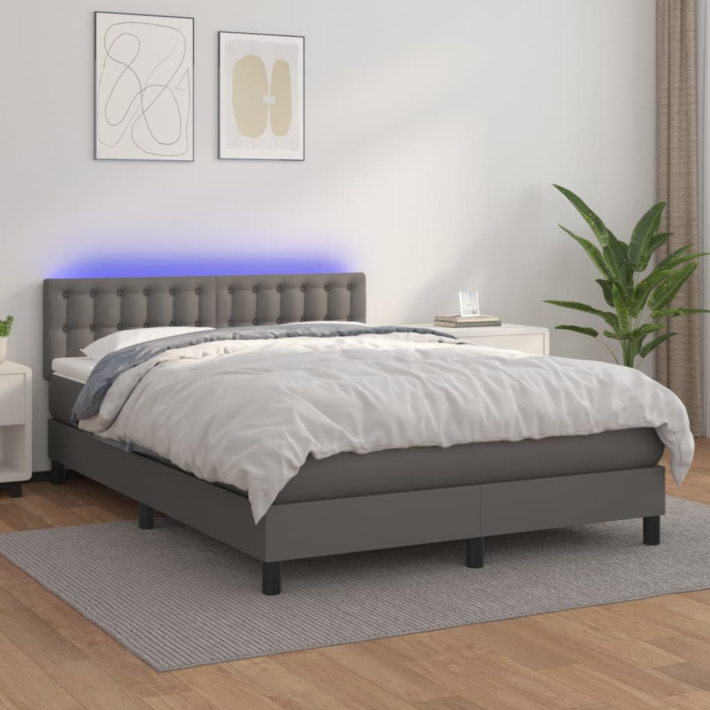 Krevet box spring s madracem LED sivi 140x190cm od umjetne kože
