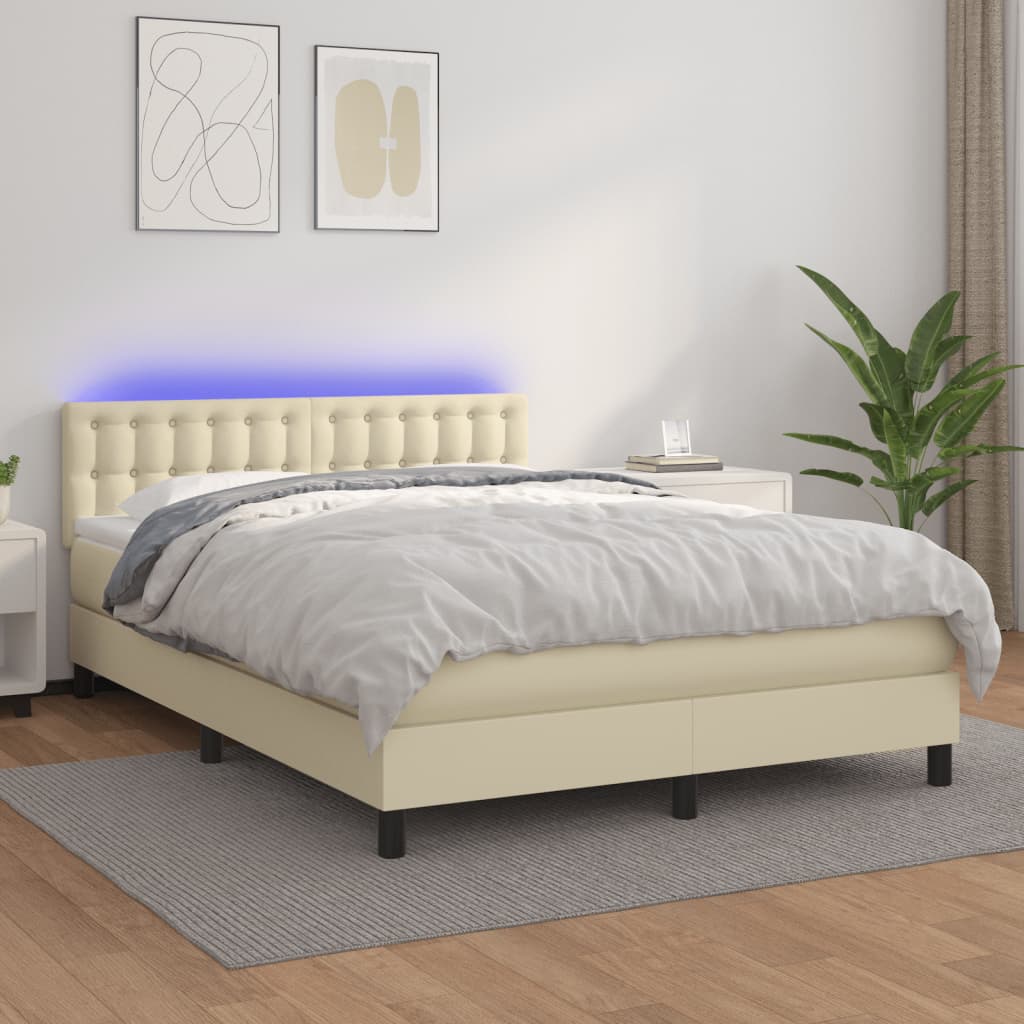 Krevet box spring s madracem LED krem 140x200cm od umjetne kože