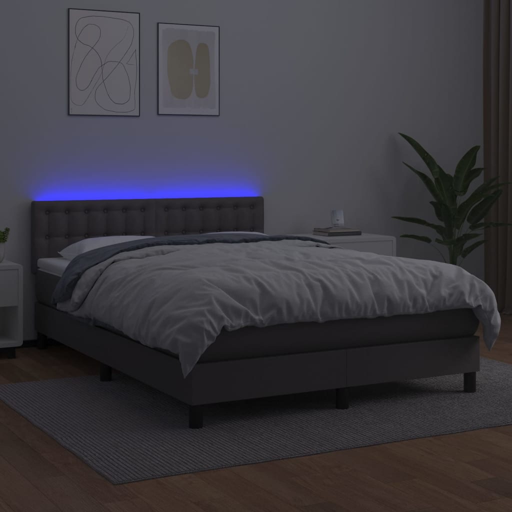 Krevet box spring s madracem LED sivi 140x200cm od umjetne kože