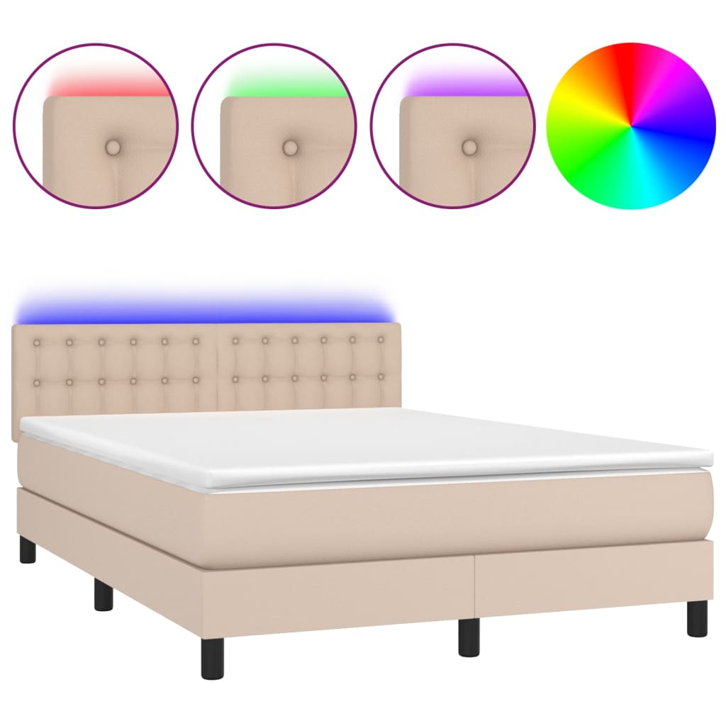 Krevet box spring madrac LED cappuccino 140x200cm umjetna koža