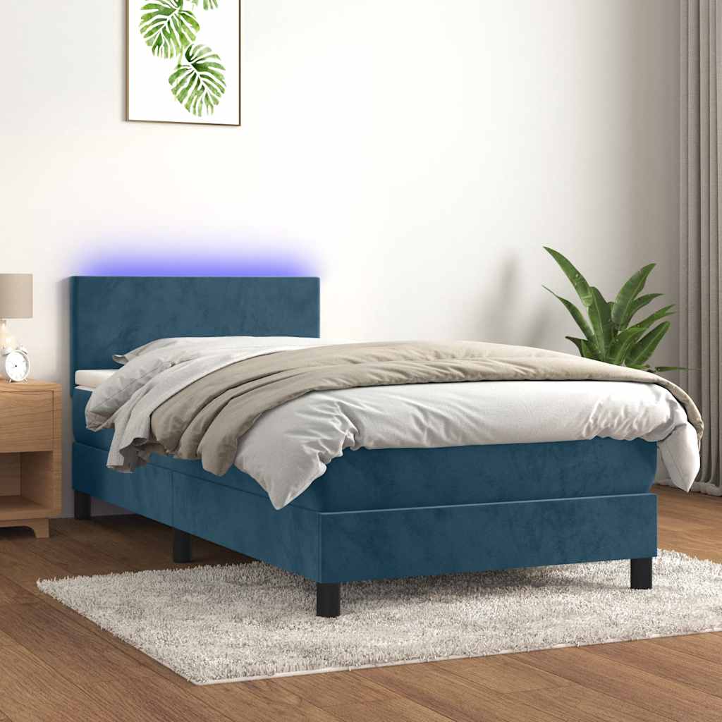 Krevet box spring s madracem LED tamnoplavi 80 x 200 cm baršun