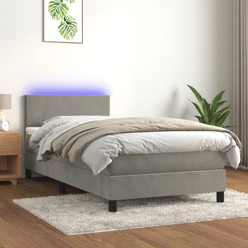 Krevet box spring s madracem LED svjetlosivi 90x190 cm baršun