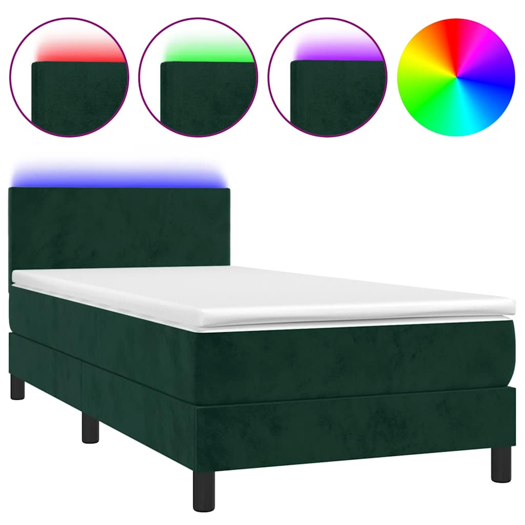Krevet box spring s madracem LED tamnozeleni 90x190 cm baršun