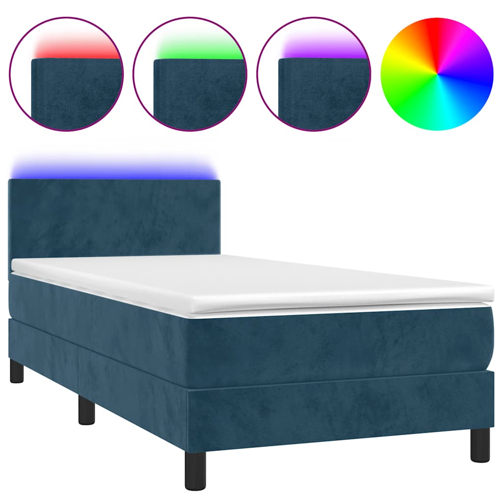 Krevet box spring s madracem LED tamnoplavi 90x200 cm baršun