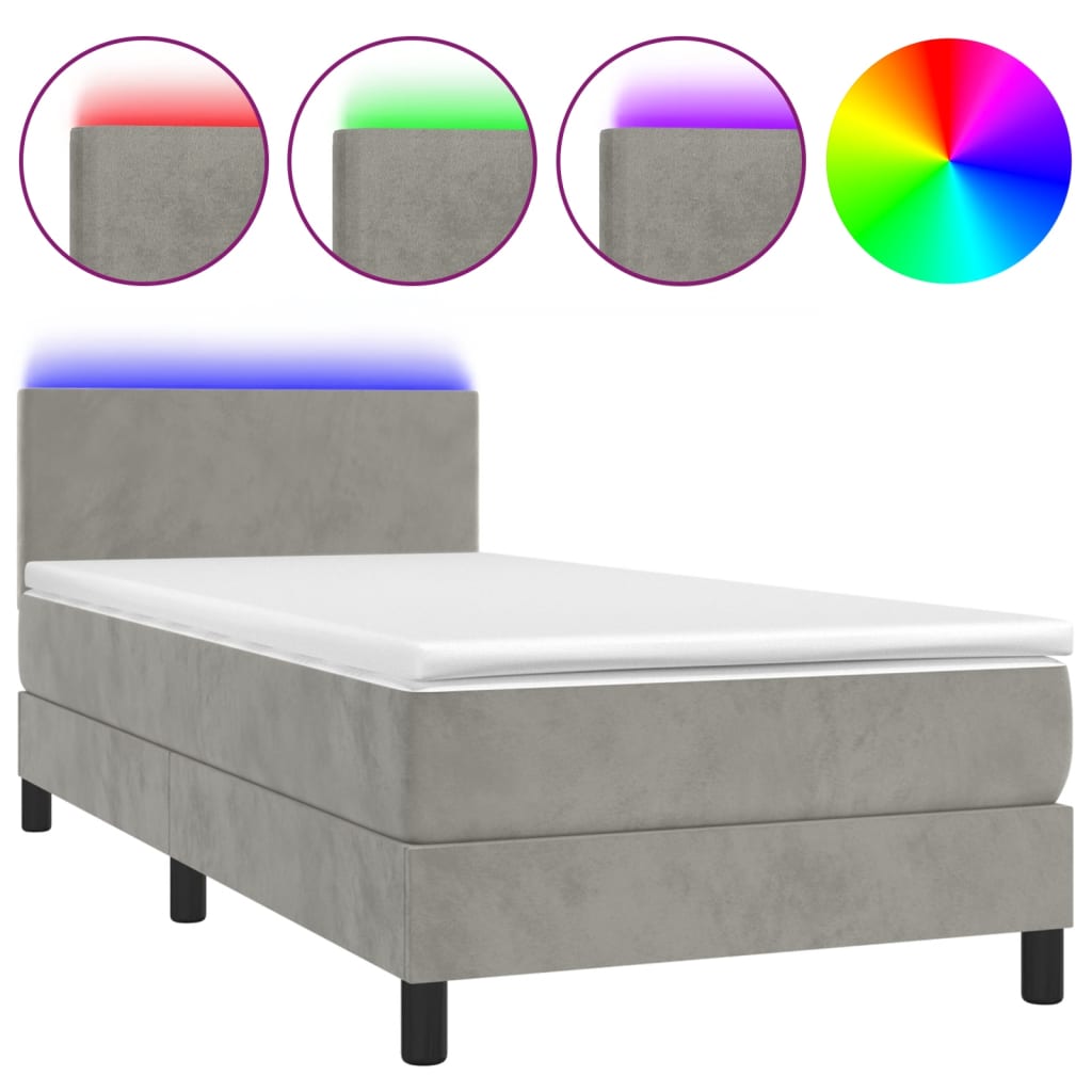 Krevet box spring s madracem LED svjetlosivi 100x200 cm baršun