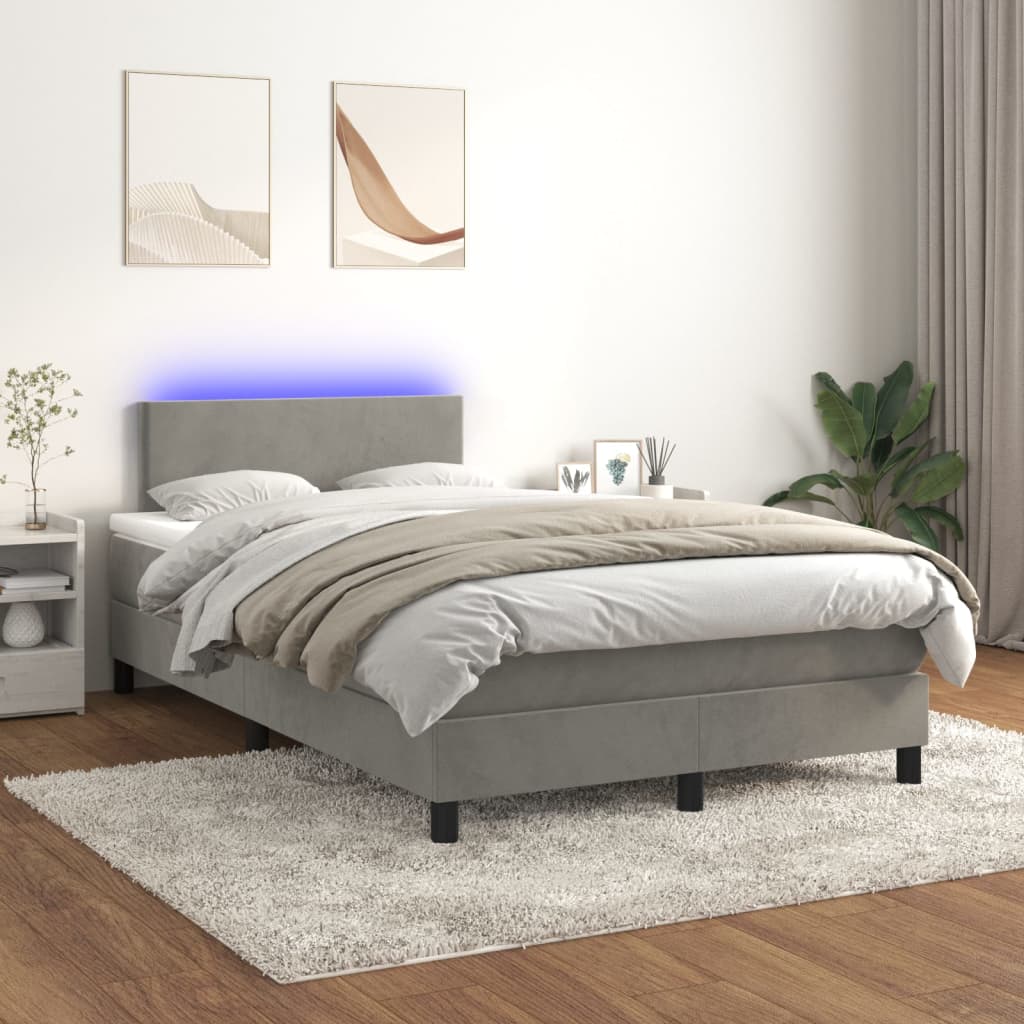 Krevet box spring s madracem LED svjetlosivi 120x200 cm baršun