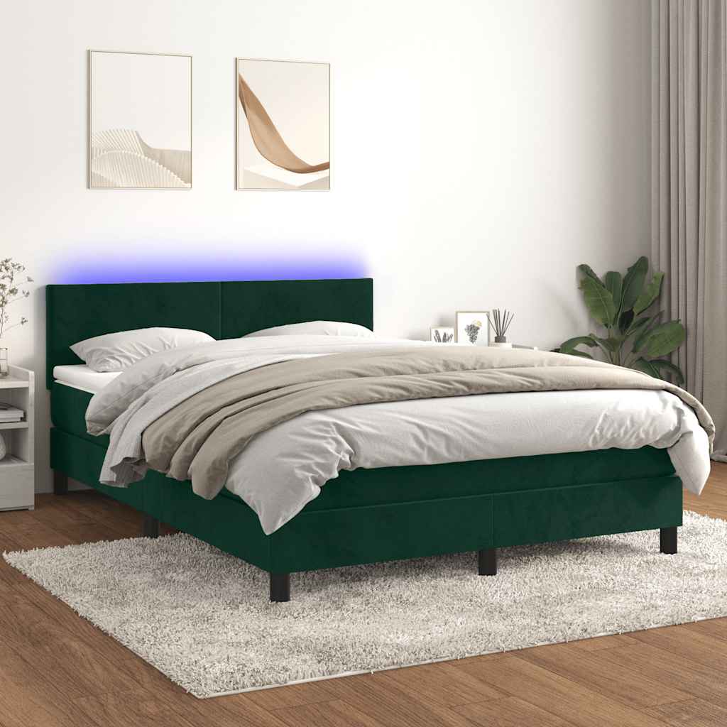 Krevet box spring s madracem LED tamnozeleni 140x190 cm baršun