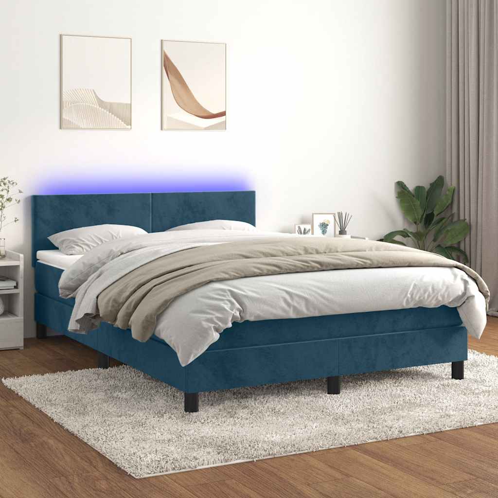 Krevet box spring s madracem LED tamnoplavi 140x190 cm baršun