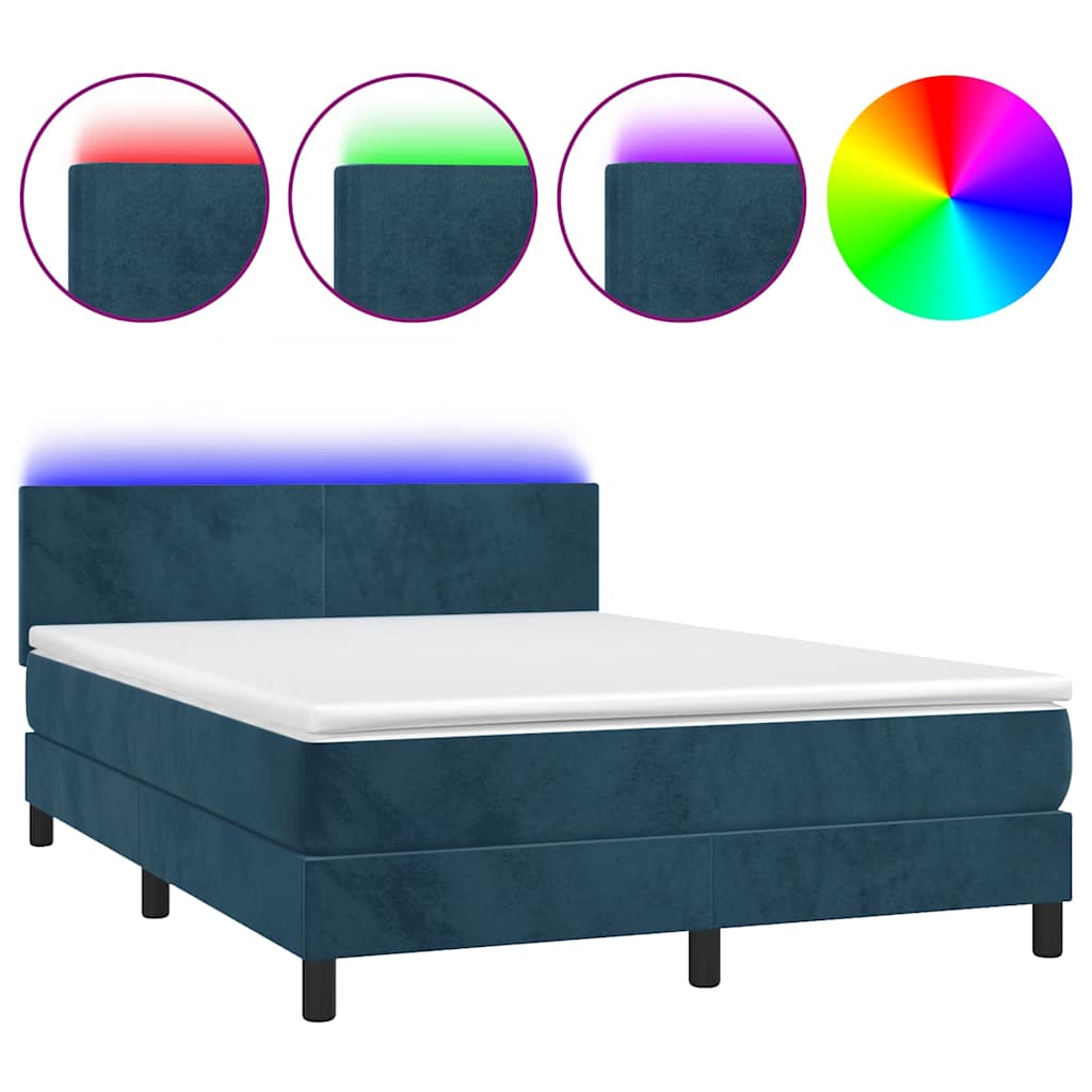 Krevet box spring s madracem LED tamnoplavi 140x200 cm baršun