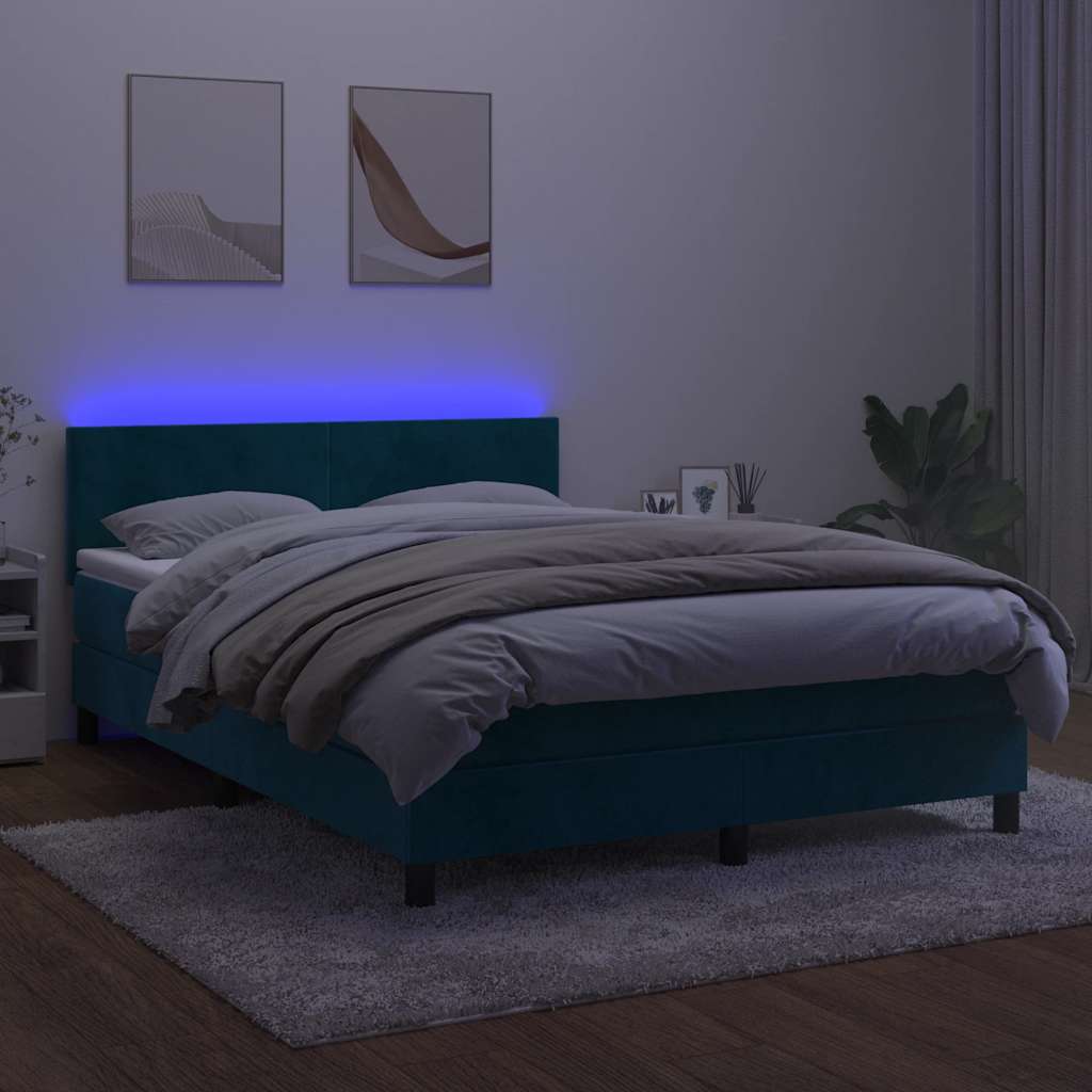 Krevet box spring s madracem LED tamnoplavi 140x200 cm baršun