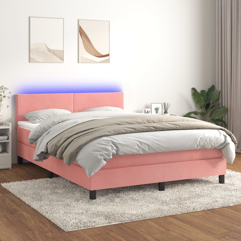 Krevet box spring s madracem LED ružičasti 140x200cm baršunasti