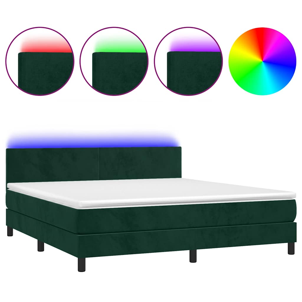 Krevet box spring s madracem LED tamnozeleni 160x200 cm baršun