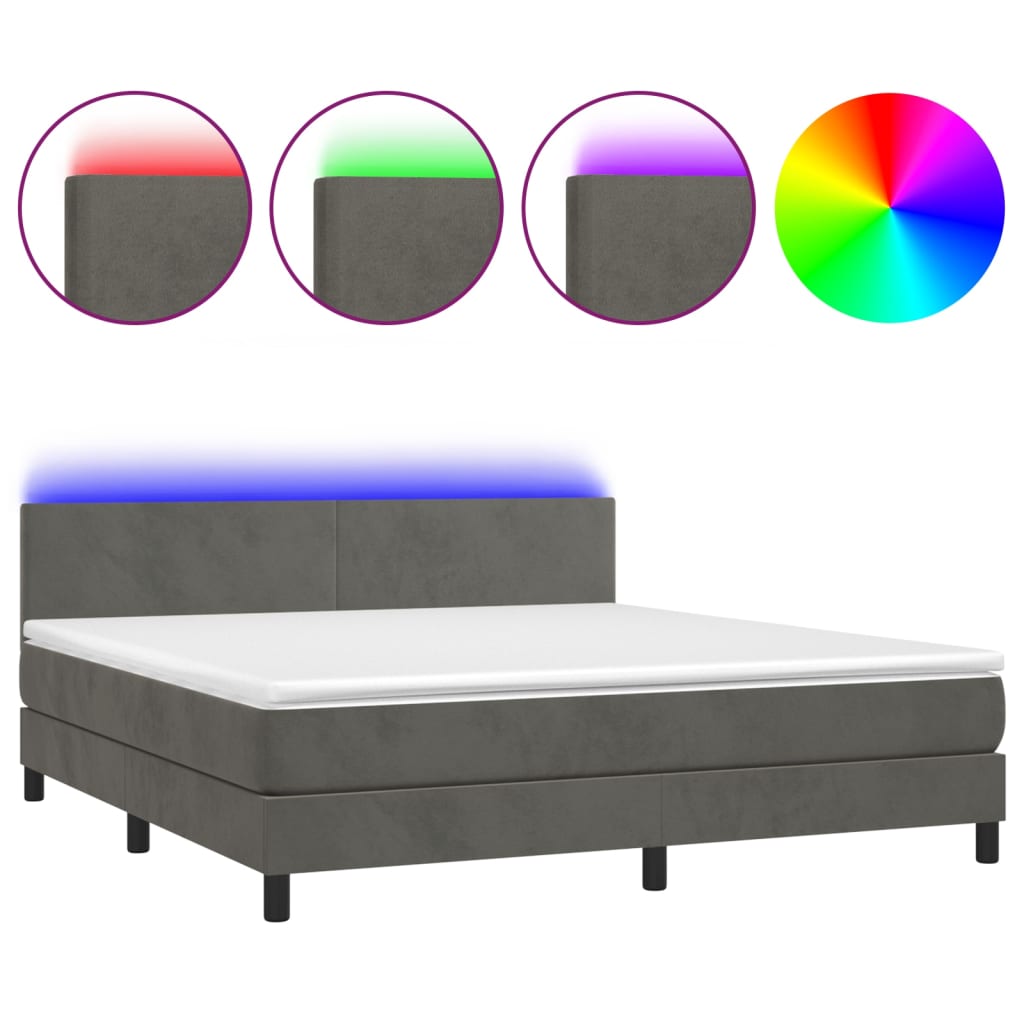 Krevet box spring s madracem LED tamnosivi 180x200 cm baršun