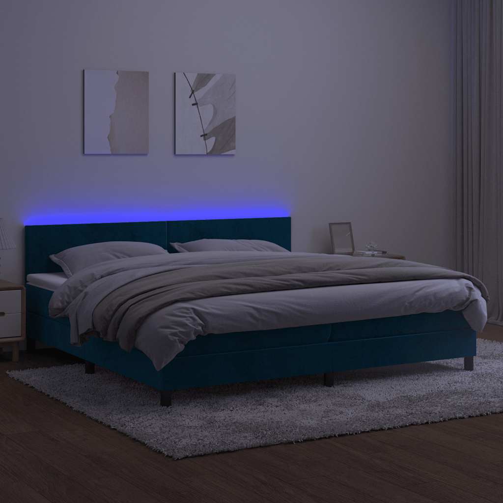 Krevet box spring s madracem LED tamnoplavi 200x200 cm baršun