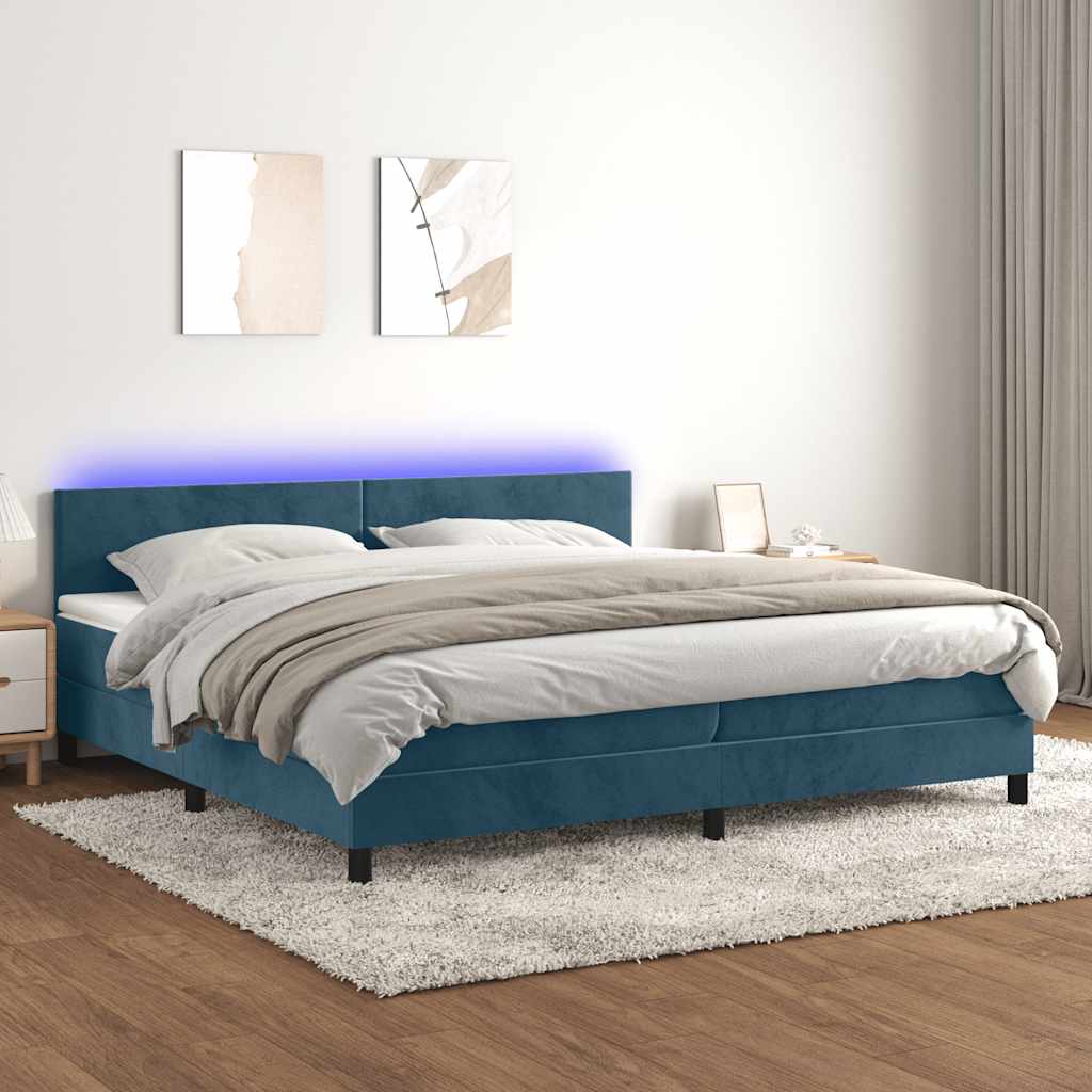 Krevet box spring s madracem LED tamnoplavi 200x200 cm baršun