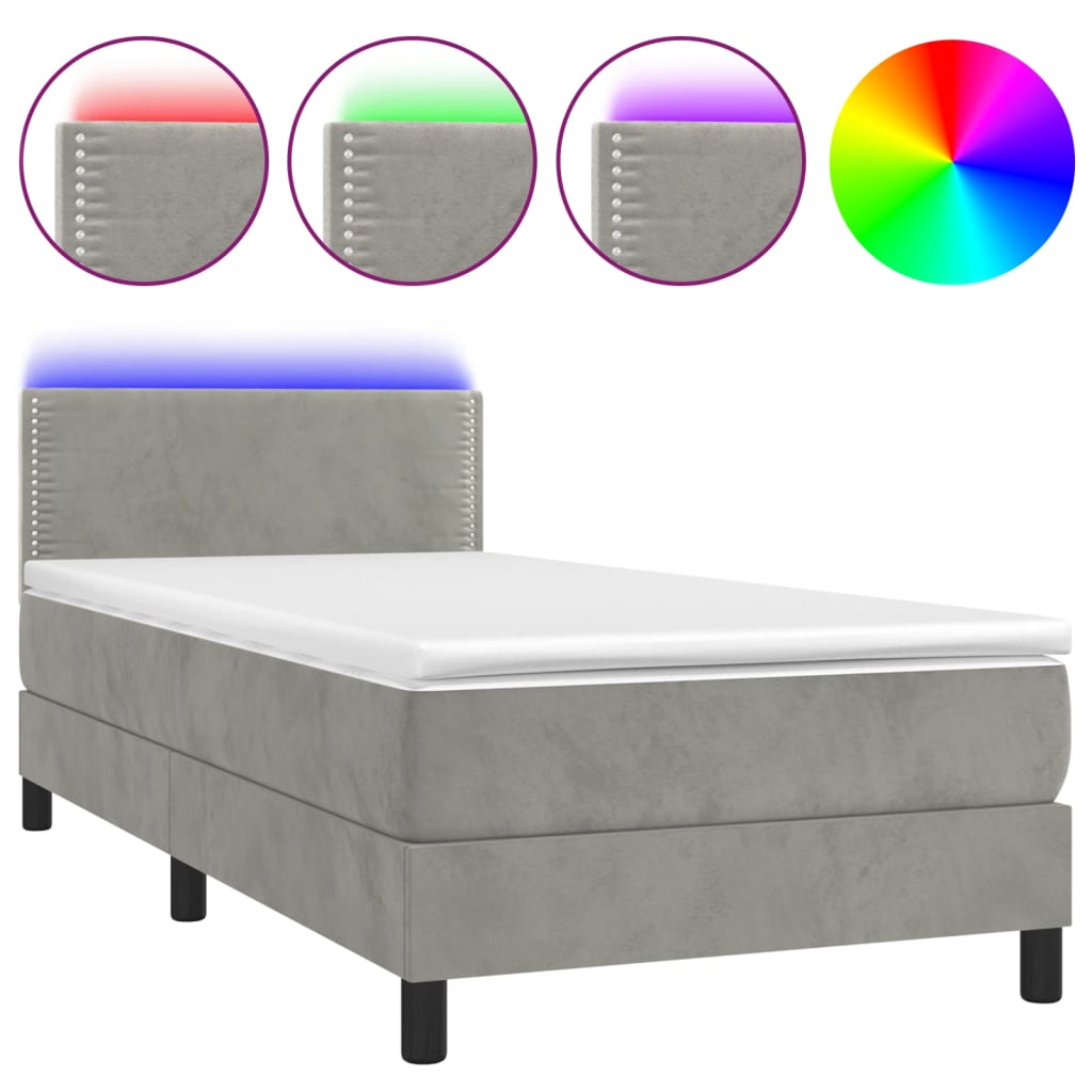 Krevet box spring s madracem LED svjetlosivi 80x200 cm baršun