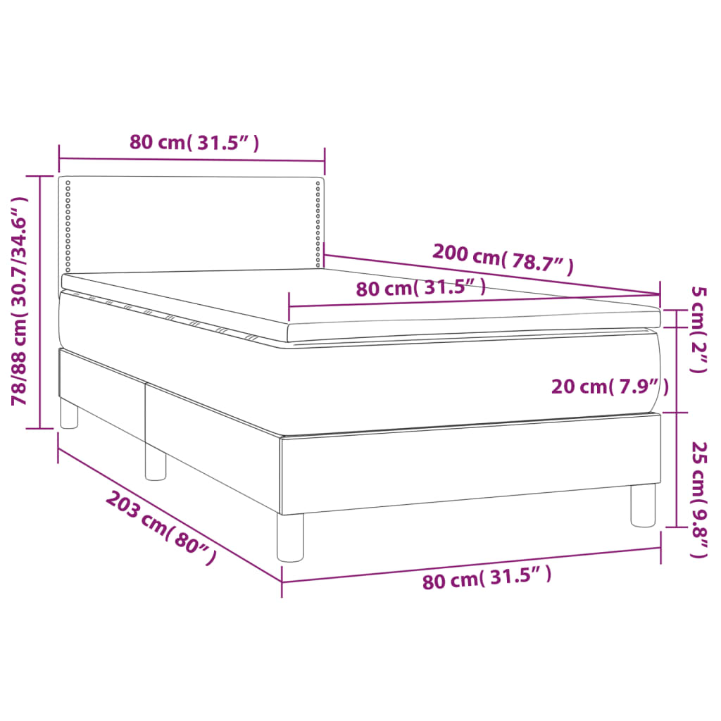 Krevet box spring s madracem LED svjetlosivi 80x200 cm baršun