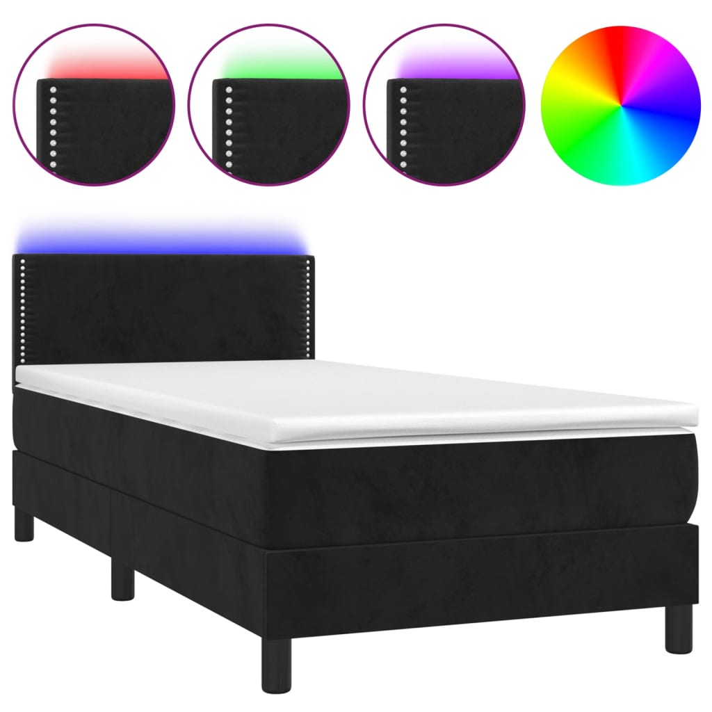 Krevet box spring s madracem LED crni 90x190 cm baršun