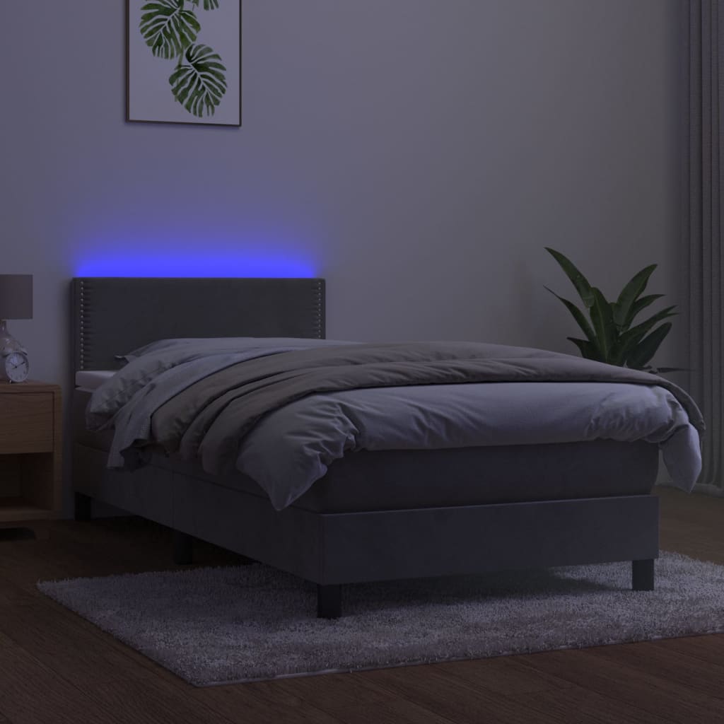 Krevet box spring s madracem LED svjetlosivi 100x200 cm baršun
