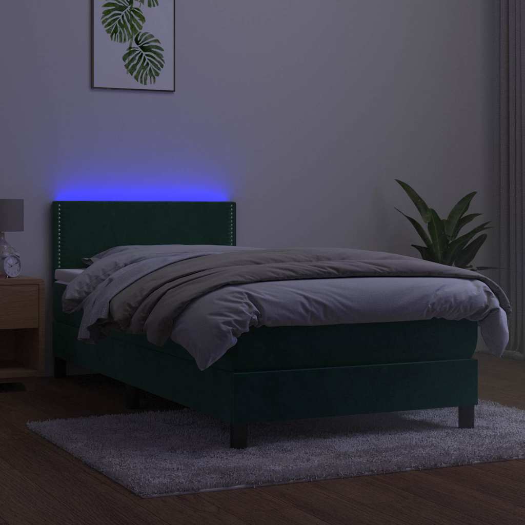 Krevet box spring s madracem LED tamnozeleni 100x200 cm baršun