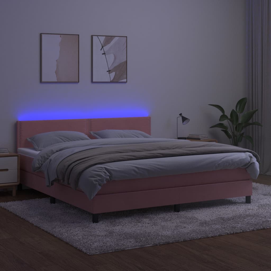 Krevet box spring s madracem LED ružičasti 160x200cm baršunasti