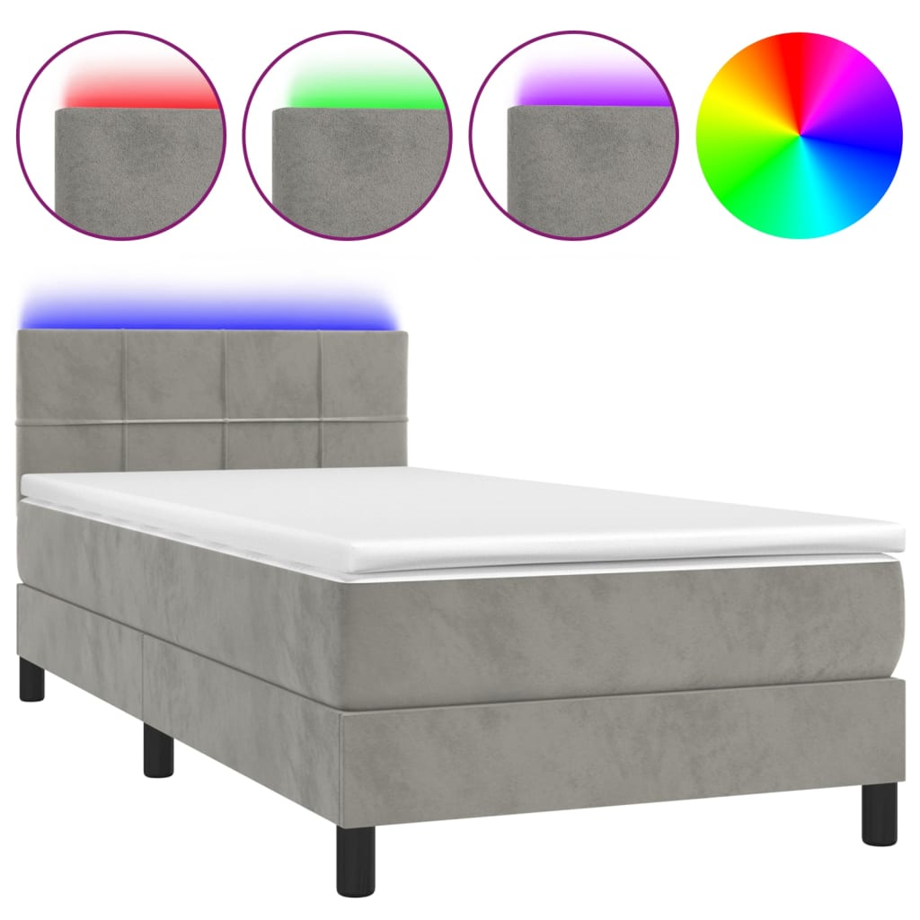 Krevet box spring s madracem LED svjetlosivi 80x200 cm baršun