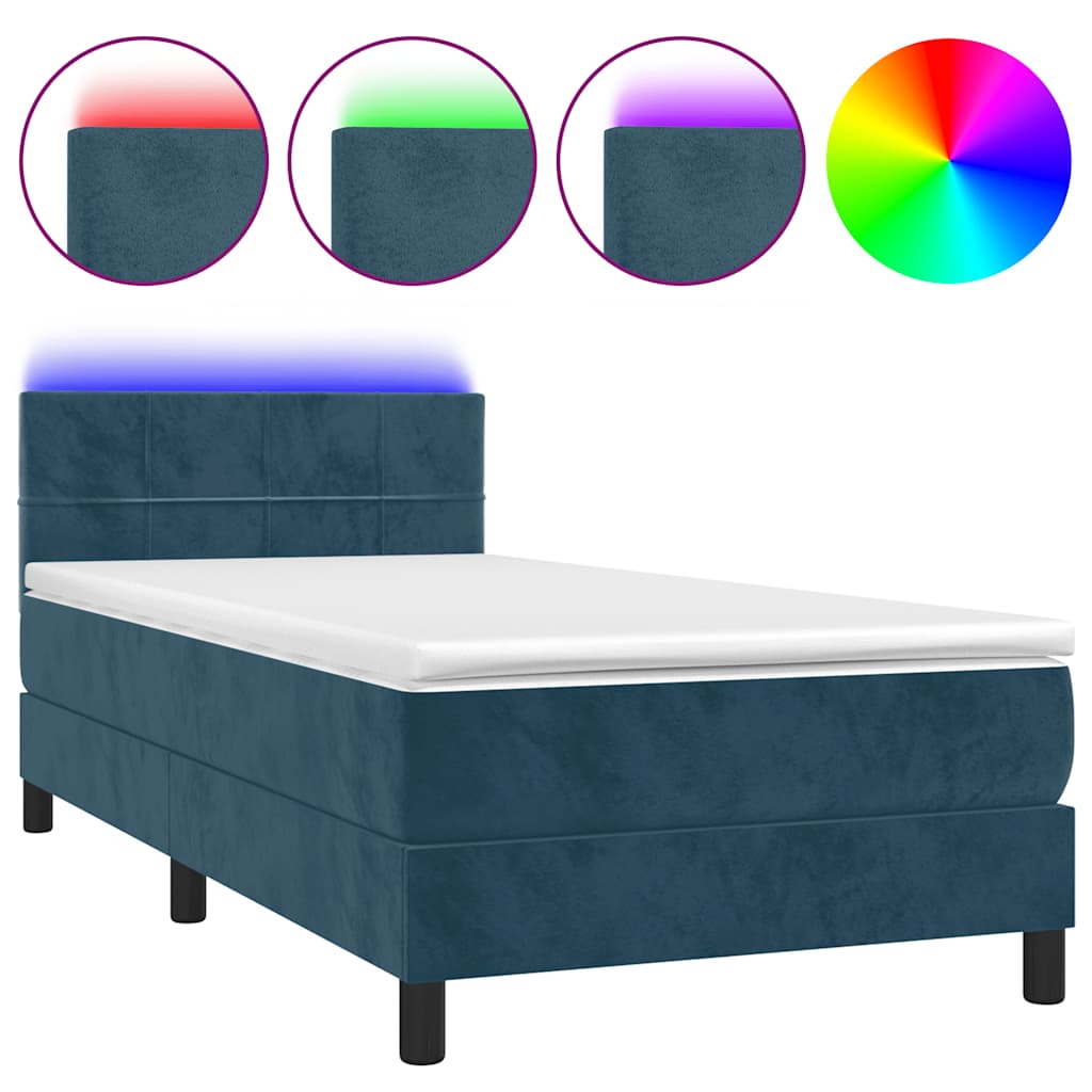 Krevet box spring s madracem LED tamnoplavi 90x190 cm baršun